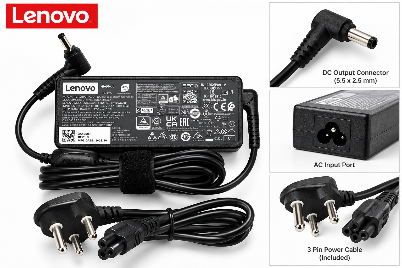 Lenovo 65W Laptop Adapter/Charger with Power Cord for Select Models of Lenovo (Round pin)